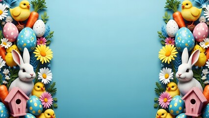 Easter themed border with rabbits eggs and flowers on a blue background for holiday decoration
