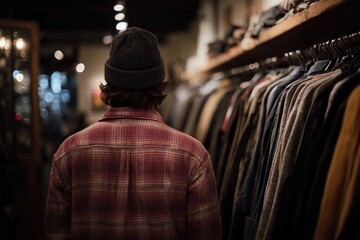Fototapeta premium Shopping for clothes in a vintage store during evening