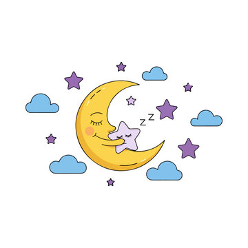 Cute sleeping moon hugging a star surrounded by clouds and stars.