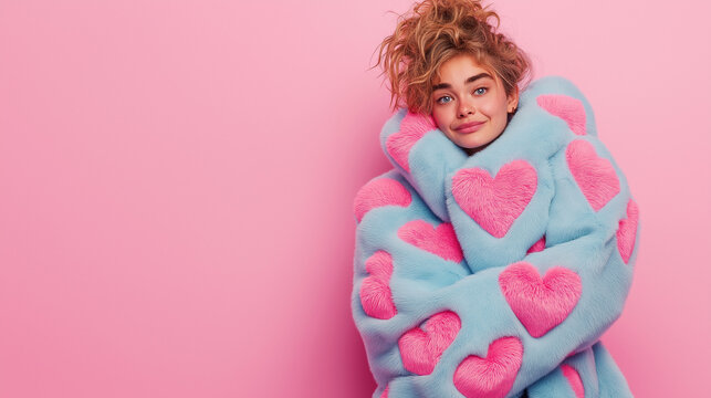 A portrait of a modern, young, beautiful woman standing and posing in a Valentine&rsquo;s Day outfit, wearing a vivid, colorful coat decorated with a love-heart pattern.