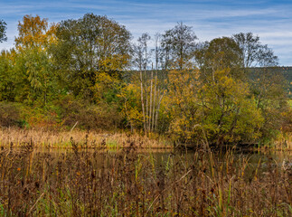 Autumn river landscape with colorful trees reflections
