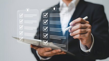 Businessman Interacting with Digital Checklist on Transparent Screen.