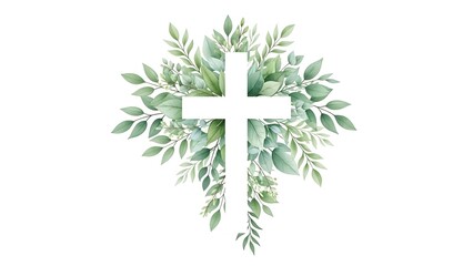 Elegant white cross adorned with lush greenery and leaves on a clean white background