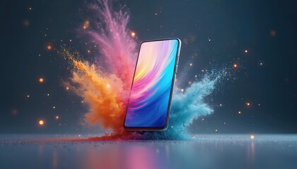 Modern smartphone explodes with vibrant color powder. Futuristic device displays colorful abstract pattern. Digital connection sparks and glows against dark backdrop, digital art.