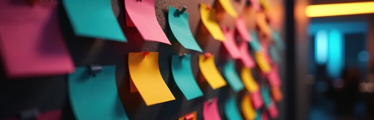 Colorful sticky notes attached to a dark wall. Many small papers in pink, yellow, and turquoise are pinned up. This visual represents planning and brainstorming.