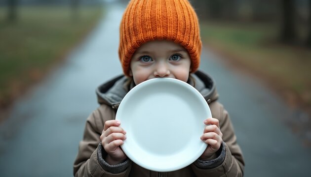 Young child in orange hat holds empty white plate. Concerned blue eyes look ahead, conveying message of need or hunger. Outdoors setting, cold weather implies hardship.