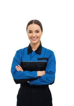 Young caucasian woman auto mechanic, mid-20s, smiling confidently, tailored blue jumpsuit, arms crossed in power pose, high-key white studio backdrop, concept of female professional competence