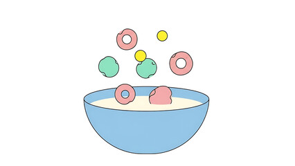 Colorful cereal floating in blue bowl with milk background  