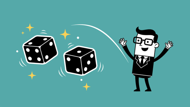 Cheerful businessman throwing dice with sparkles and luck