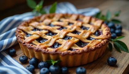 Homemade blueberry pie with lattice top rests on wooden board. Fresh berries and mint leaves surround pastry. Delicious sweet dessert ready to eat.