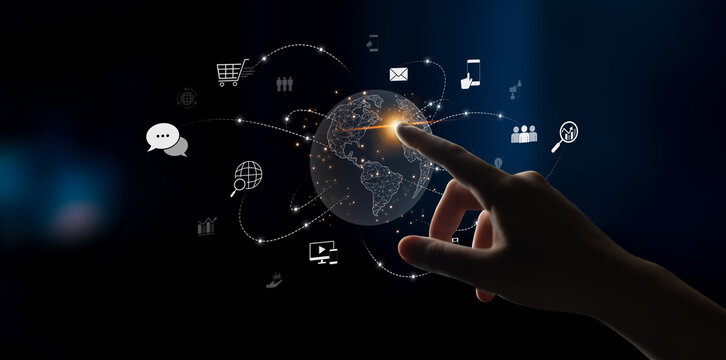 Visualization of global digital communication and online across multiple platforms, including global network, digital network, communication network, and online network. Latch - Powered by Adobe