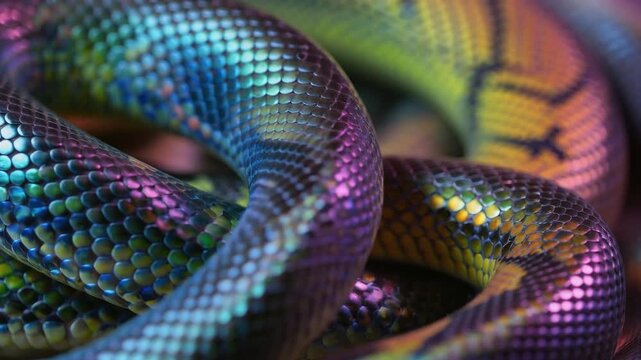 Close up of a rainbow snake with iridescent scales shimmering with vibrant colors.