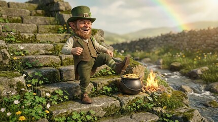 Leprechaun dancing joyfully on mossy stone steps, pot of gold at end of rainbow over Irish countryside