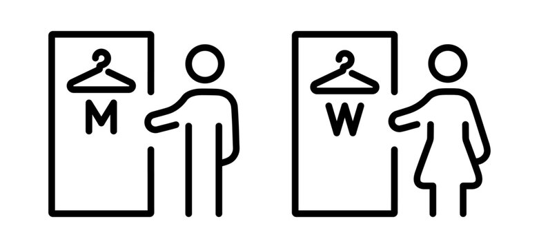 Mens and womens changing rooms line icons with outline symbols. Vector illustration for public facilities, locker rooms.