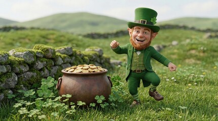 Leprechaun running excitedly next to a pot of gold, grassy field, St. Patrick's Day celebration theme