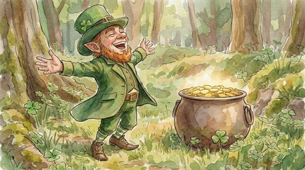 Joyful leprechaun leaping in a forest, pot of gold and shamrocks nearby