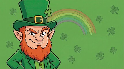 Mischievous leprechaun smiling, green suit and top hat, st. patrick's day theme, rainbow and shamrocks in background
