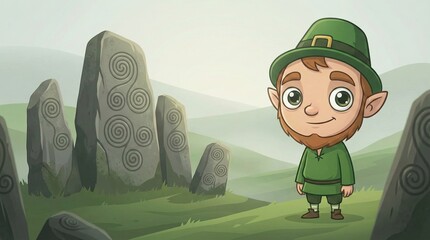 Leprechaun cartoon character smiling and standing near ancient celtic standing stones in a misty green landscape, st. patrick's day theme