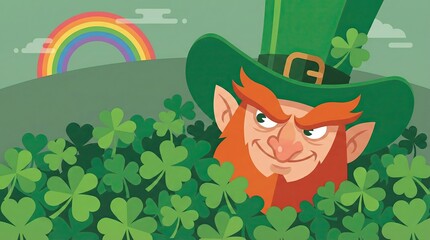 Mischievous leprechaun peeking from shamrock field, festive St. Patrick's Day illustration with rainbow