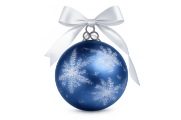 Blue christmas ball ornament with white snowflake patterns and ribbon bow, symbolizing winter holiday season decorating