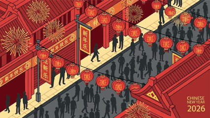 Fototapeta premium Festive Chinese New Year celebration with lanterns and fireworks illuminating a traditional street scene during the holiday