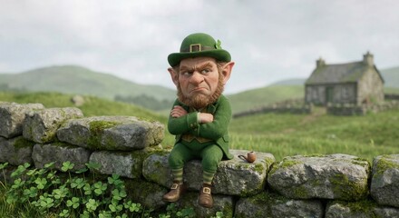 Grumpy leprechaun character sitting on stone wall with arms crossed, green irish hills backdrop
