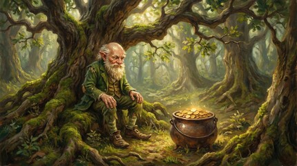 Old leprechaun sitting beside a glowing pot of gold in an enchanted forest, looking pensive