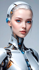 Futuristic humanoid robot with synthetic skin. The feminine face is framed by a sleek white helmet integrated with electronic components. Ideal for themes of android design, human-machine integration.