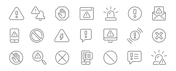 Warning, exclamation mark, alert, attention simple line icons set. vector