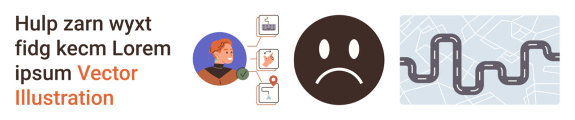 Fototapeta premium Navigation issues, emotional decisions, digital maps, problem-solving, direction finding, user experience. A sad face, map route and digital elements. Navigation issues and emotional decisions