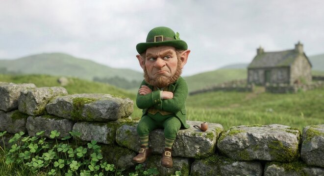 Grumpy leprechaun character sitting on stone wall with arms crossed, green irish hills backdrop