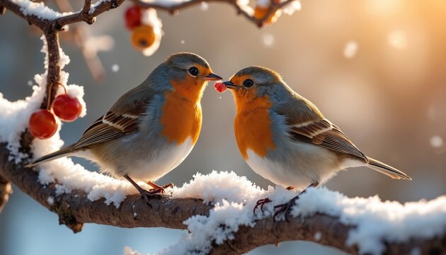 Two robins share a red berry on a snow covered branch in soft sunlight. One bird offers food to another. Cute avian couple in winter forest scene.