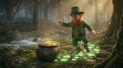 Leprechaun running toward pot of gold, enchanted forest creek, glowing shamrock footprints, sunbeams filtering through trees, magical morning atmosphere