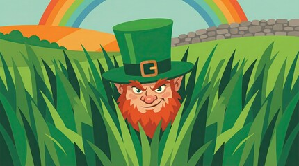 Leprechaun with red beard peeking through tall grass, rolling green hills, stone wall, vibrant rainbow, festive St Patrick's Day illustration