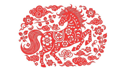 Chinese New Year Zodiac Horse Illustration with Floral and Cloud Motifs in Red