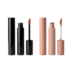 Obraz premium Still life of four liquid lipstick tubes (glossy black, matte beige) and applicators, macro shot, isolated on brilliant white background with copy space, demonstrating luxury cosmetic product