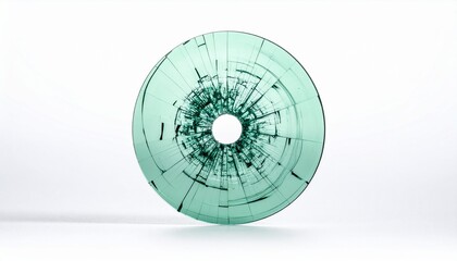 Shattered Green Glass Disc with Bullet Hole Impact - Conceptual Data Destruction or Fragility - Isolated on White Background