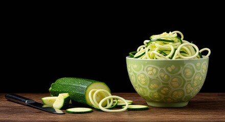 Healthy eating choice showing vegetable noodles, specifically sliced zucchini, replacing high carbohydrate pasta for a nutritious dietary meal plan ,diet ,zucchini ,dietary