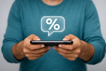 Interest rate and dividend concept. Dividend money investment, mortgage rate real estate. Businessman using smartphone with percentage symbols on virtual screen for financial analysis.