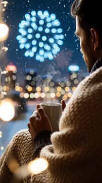 Winter evening at home with warm drink and cozy blanket by the window while watching snow fall outside