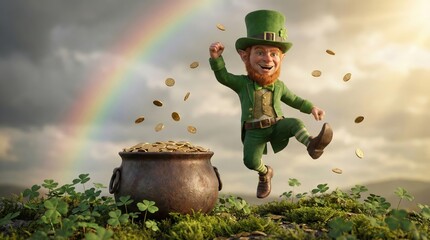 Leprechaun jumping next to pot of gold, rainbow background, lush clover field, festive St. Patrick's Day celebration, magical folklore character