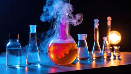 Colorful chemistry experiment in laboratory with glass flasks and beakers, showcasing vibrant reactions and smoke, perfect for educational and scientific themes
