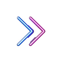 Obraz premium Photorealistic macro shot of a sleek, reflective neon arrow icon, displaying a sapphire blue to magenta gradient glow, isolated on a pure white studio cyclorama. Concept of futuristic directionality