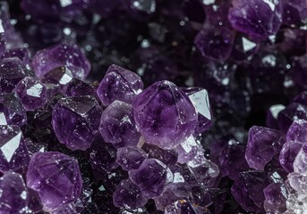 A close-up view of vibrant purple amethyst crystal clusters showing natural facets and deep coloration ,jewelry ,sparkling ,Amethyst