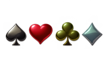 Playing card suits, glossy poker symbols showing spade, heart, club, diamond for gaming and gambling concepts