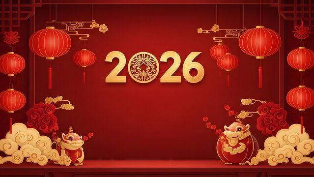 Chinese new year 2026 celebration background with red lanterns and lion dance