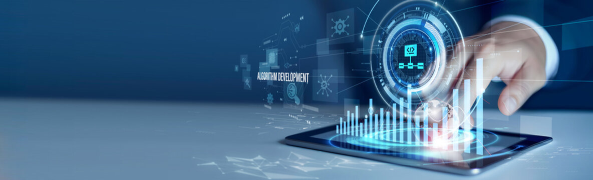 Businessmen use the tab analyzing algorithm development and data. Software engineering dashboard, coding analytics, system optimization, technology innovation, data processing