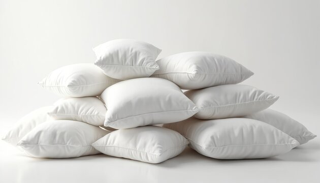 A pile of soft white pillows is stacked against a clean white background. The fluffy cushions suggest comfort and rest. This bedding item is perfect for sleep and relaxation.