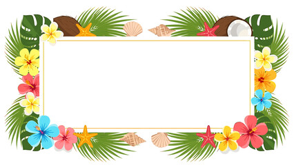 Fototapeta premium Tropical frame with hibiscus flowers, palm leaves, coconuts, and seashells around a blank rectangle.