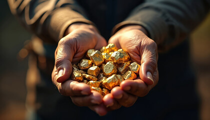 Miner hands cup rough gold nuggets. Precious ore signifies success wealth and rewards of hard work. Illustrative image represents prosperity and financial gain.
